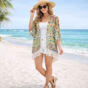 Love Fire Boho Festival Kimono Lace Hem Colorful Cover Up M